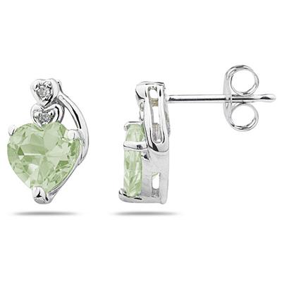 Heart Shape Green  Amethyst & Diamond Earrings in White Gold