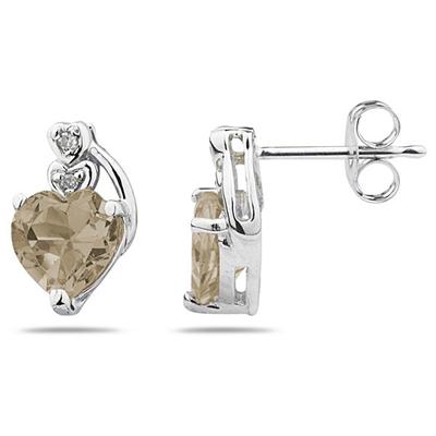 Heart Shape Smokey Quartz   & Diamond Earrings in White Gold