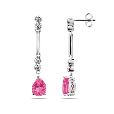Pink Topaz & Diamond Dangle Earrings in 14K White Gold