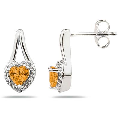 Citrine & Diamonds Heart Shape Earrings in White Gold
