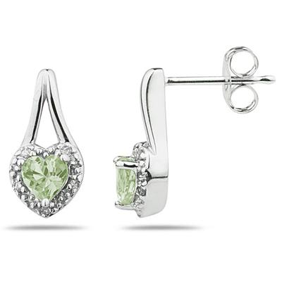 Green Amethyst & Diamonds Heart Shape Earrings in White Gold
