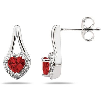 Garnet  & Diamonds Heart Shape Earrings in White Gold