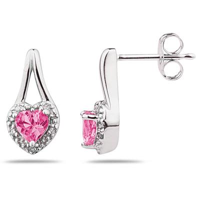 Pink Topaz & Diamonds Heart Shape Earrings in White Gold