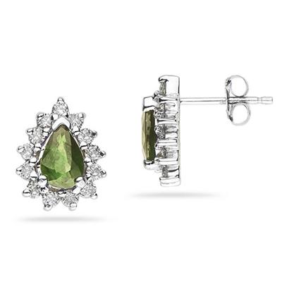 6X4mm Pear Shaped Peridot and Diamond Flower Earrings in 14k White Gold