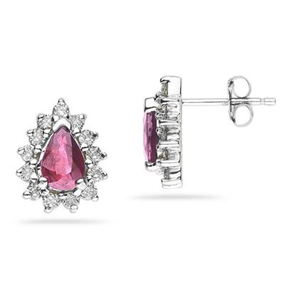 6X4mm Pear Shaped Pink Topaz and Diamond Flower Earrings in 14k White Gold