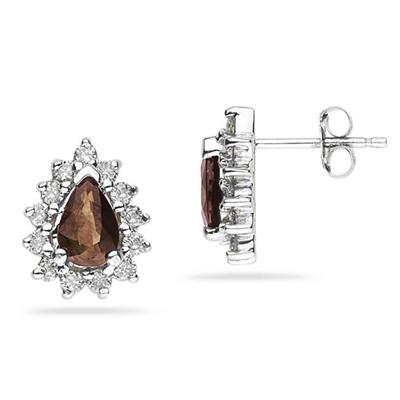 6X4mm Pear Shaped Smokey Quartz and Diamond Flower Earrings in 14k White Gold
