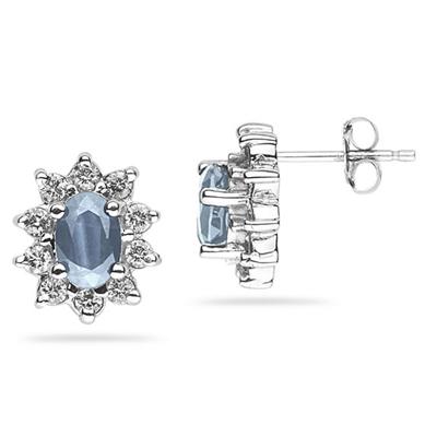 6X4mm Oval Shaped Aquamarine and Diamond Flower Earrings in 14k White Gold