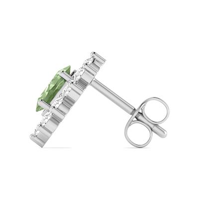 Oval Shape Green Amethyst and Diamond Flower Earrings in 14K White Gold