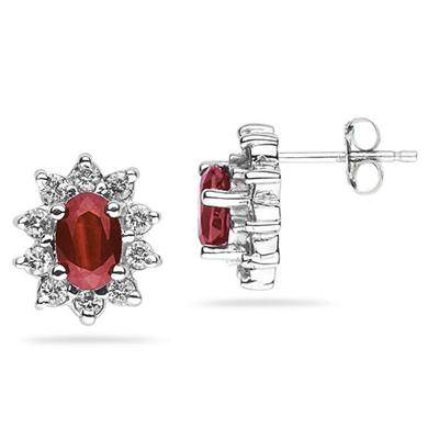 6X4mm Oval Shaped Garnet and Diamond Flower Earrings in 14k White Gold