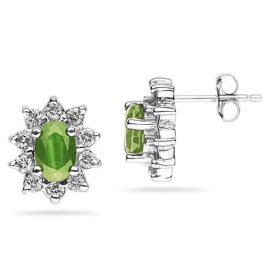 6X4mm Oval Shaped Peridot and Diamond Flower Earrings in 14k White Gold