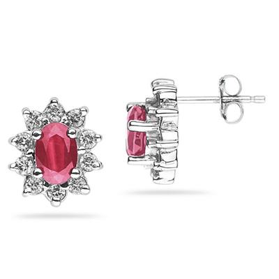 6X4mm Oval Shaped Pink Topaz and Diamond Flower Earrings in 14k White Gold