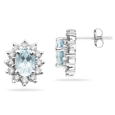 Oval Shape Aquamarine & Diamond Flower Earring