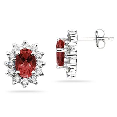 Oval Shape Garnet & Diamond Flower Earring