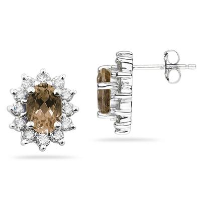 Oval Shape Smokey Quartz & Diamond Flower Earring