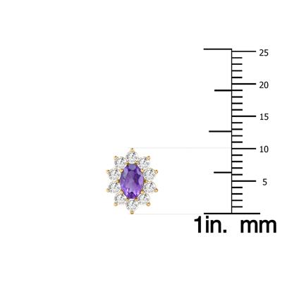 Oval Shape Amethyst and Diamond Flower Earrings in 14K Yellow Gold