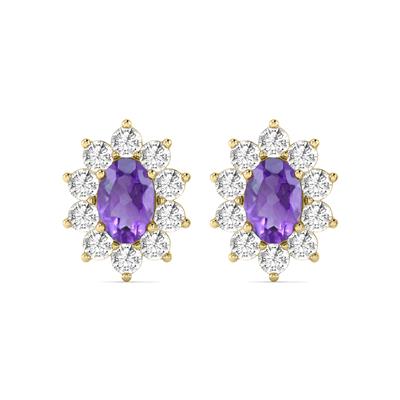 Oval Shape Amethyst and Diamond Flower Earrings in 14K Yellow Gold