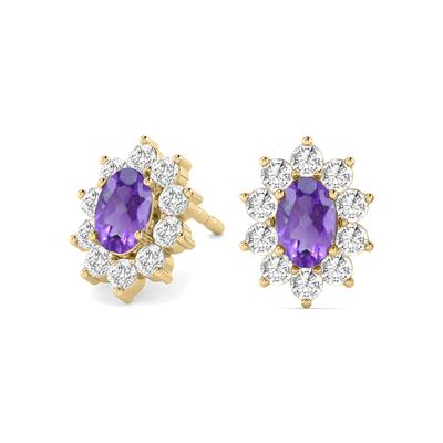 Oval Shape Amethyst and Diamond Flower Earrings in 14K Yellow Gold