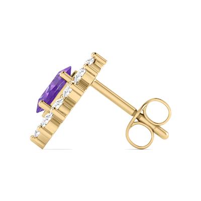 Oval Shape Amethyst and Diamond Flower Earrings in 14K Yellow Gold