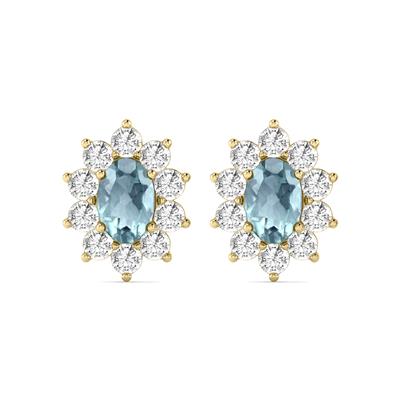 Oval Shape Aquamarine and Diamond Flower Earrings in 14K Yellow Gold