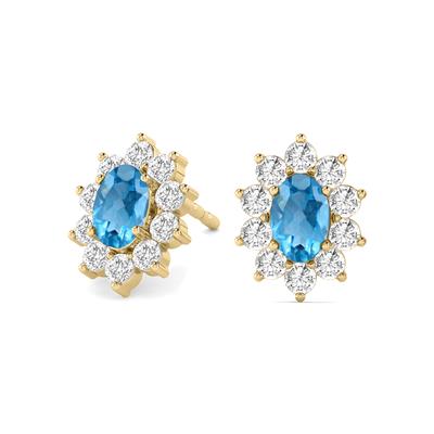 Oval Shape Blue Topaz and Diamond Flower Earrings in 14K Yellow Gold