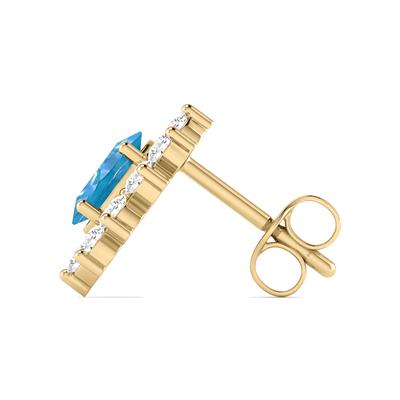 Oval Shape Blue Topaz and Diamond Flower Earrings in 14K Yellow Gold