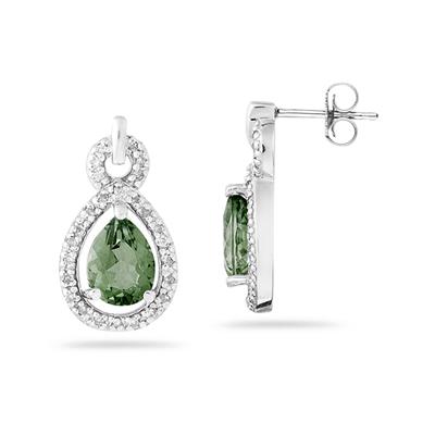 Pear Shaped Green Amethyst and Diamond Earrings in White Gold
