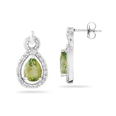 Pear Shaped Peridot and Diamond Earrings in White Gold