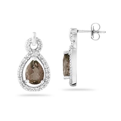 Pear Shaped Smokey Quartz and Diamond Earrings in White Gold
