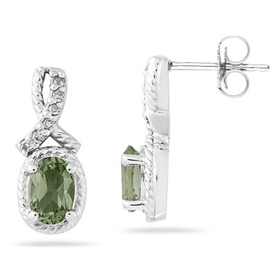 Oval Shaped Green Amethyst and Diamond Earrings in White Gold