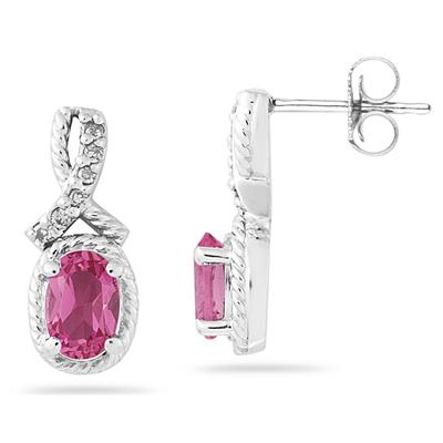 Oval Shaped Pink Topaz and Diamond Earrings in White Gold