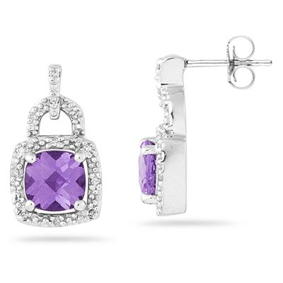 Cushion Cut Amethyst and Diamond Earrings 10K White Gold