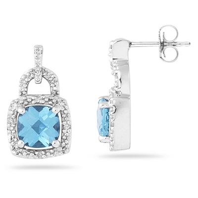 Cushion Cut Blue Topaz and Diamond Earrings 10K White Gold