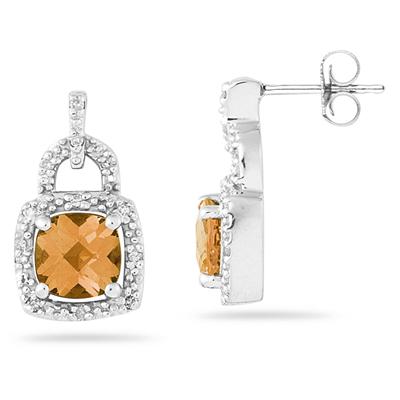 Cushion Cut  Citrine and Diamond Earrings 10K White Gold