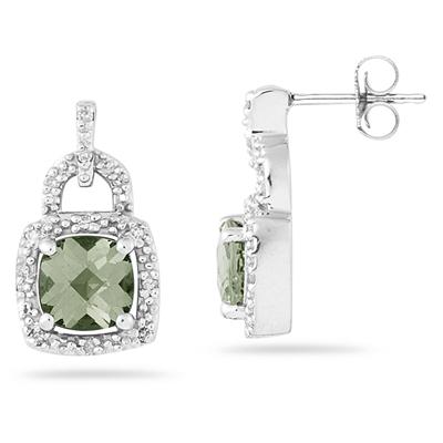 Cushion Cut Green Amethyst and Diamond Earrings 10K White Gold