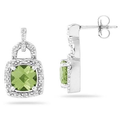 Cushion Cut Peridot and Diamond Earrings 10K White Gold