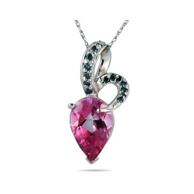 Pear Shaped Pink Topaz and Blue Diamond Pendant in White Gold