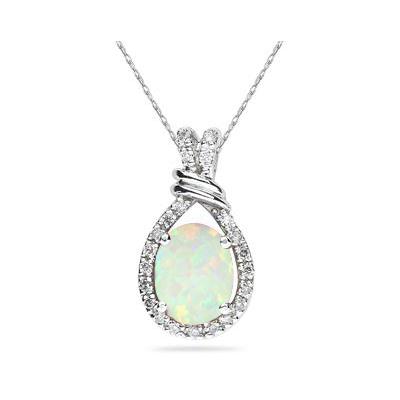 All Natural 9x7 Oval Opal and Diamond Pendant in in .950 Sterling Silver
