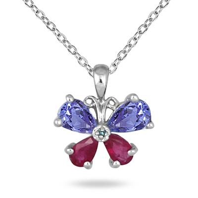 Tanzanite Ruby and Blue Diamond Butterfly Pendant in 14K White Gold