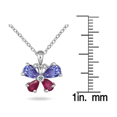 Tanzanite Ruby and Blue Diamond Butterfly Pendant in 14K White Gold