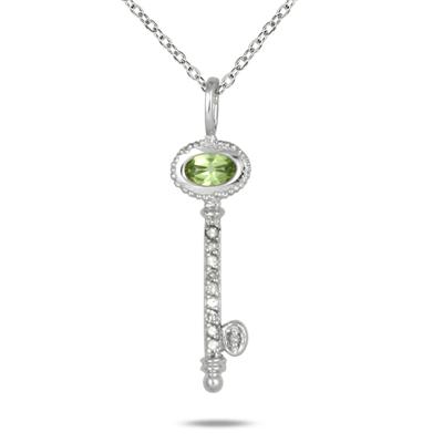 Peridot and Diamond Key Pendant in 10K White Gold