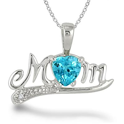 1.25 Carat Blue Topaz and Diamond MOM Pendant in .925 Sterling Silver