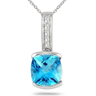 8MM Cushion Swiss Blue Topaz and Diamond Half Bezel Pendant in .925 Sterling Silver
