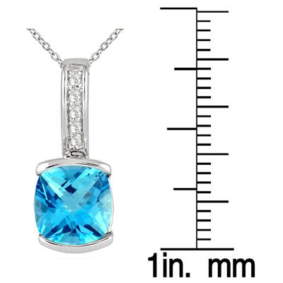 8MM Cushion Swiss Blue Topaz and Diamond Half Bezel Pendant in .925 Sterling Silver