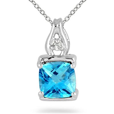 2 Carat Cushion Cut Swiss Blue Topaz and Diamond Pendant in .925 Sterling Silver