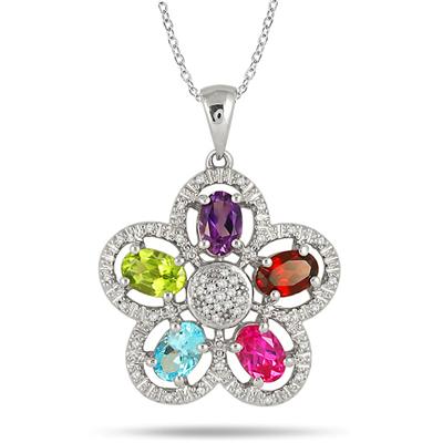 Multi Gem and Diamond Flower Clover Pendant in .925 Sterling Silver