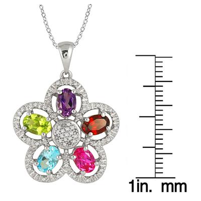 Multi Gem and Diamond Flower Clover Pendant in .925 Sterling Silver