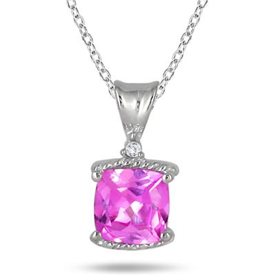 6MM Cushion Cut Created Pink Sapphire and Diamond Pendant in .925 Sterling Silver