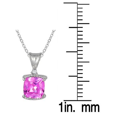 6MM Cushion Cut Created Pink Sapphire and Diamond Pendant in .925 Sterling Silver
