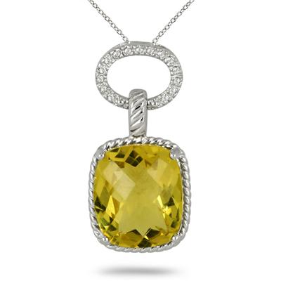 10 Carat Lemon Quartz & Diamond Pendant in .925 Sterling Silver