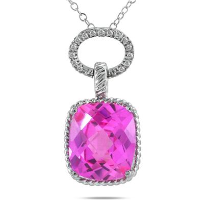 10 Carat Created Pink Sapphire and Diamond Pendant in .925 Sterling Silver